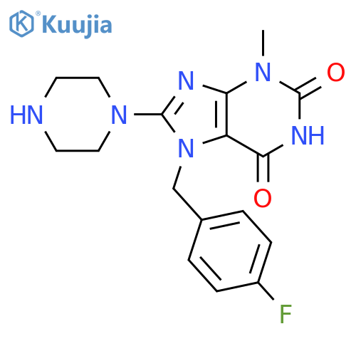 7-(4-fluorophenyl)methyl-3-methyl-8-(piperazin-1-yl)-2,3,6,7-tetrahydro-1H-purine-2,6-dione structure