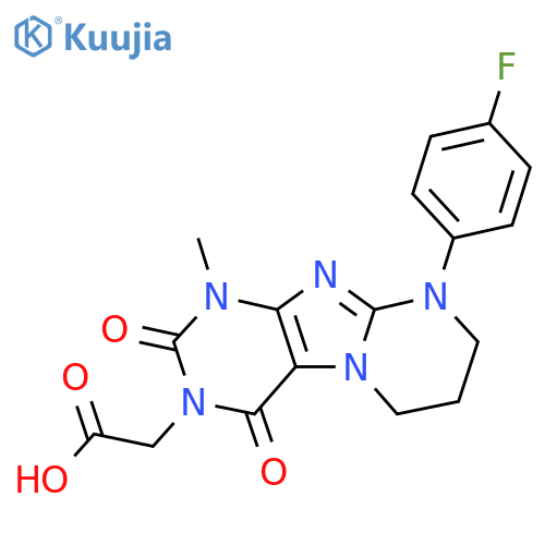 2-9-(4-fluorophenyl)-1-methyl-2,4-dioxo-1H,2H,3H,4H,6H,7H,8H,9H-pyrimido1,2-gpurin-3-ylacetic acid structure