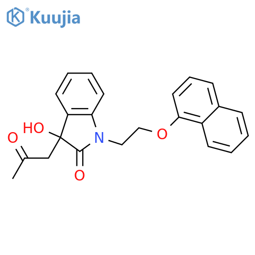 3-hydroxy-1-2-(naphthalen-1-yloxy)ethyl-3-(2-oxopropyl)-2,3-dihydro-1H-indol-2-one structure