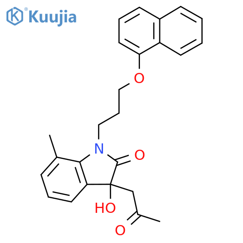 3-hydroxy-7-methyl-1-3-(naphthalen-1-yloxy)propyl-3-(2-oxopropyl)-2,3-dihydro-1H-indol-2-one structure