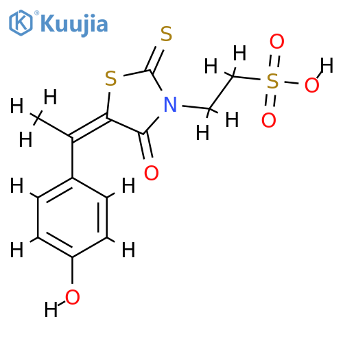2-(5E)-5-1-(4-hydroxyphenyl)ethylidene-4-oxo-2-sulfanylidene-1,3-thiazolidin-3-ylethane-1-sulfonic acid structure