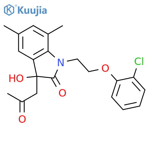 1-2-(2-chlorophenoxy)ethyl-3-hydroxy-5,7-dimethyl-3-(2-oxopropyl)-2,3-dihydro-1H-indol-2-one structure