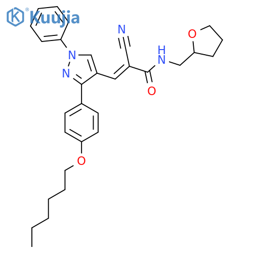 (E)-2-cyano-3-[3-(4-hexoxyphenyl)-1-phenylpyrazol-4-yl]-N-(oxolan-2-ylmethyl)prop-2-enamide structure