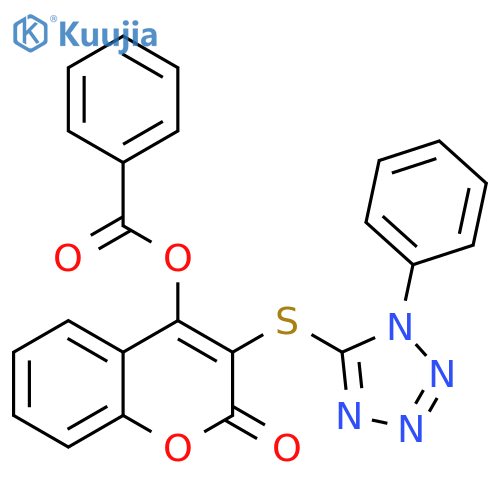 2H-1-Benzopyran-2-one, 4-(benzoyloxy)-3-[(1-phenyl-1H-tetrazol-5-yl)thio]- structure