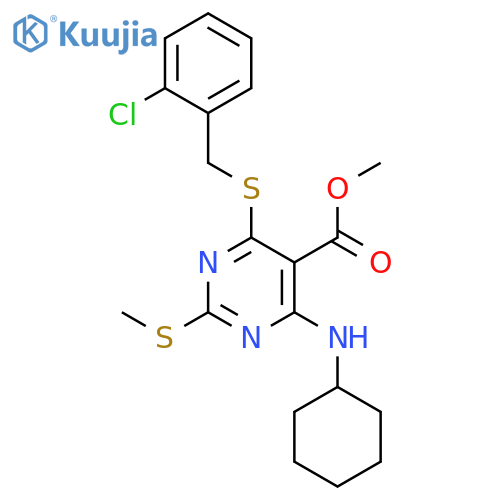 5-Pyrimidinecarboxylic acid,4-[[(2-chlorophenyl)methyl]thio]-6-(cyclohexylamino)-2-(methylthio)-,methyl ester structure