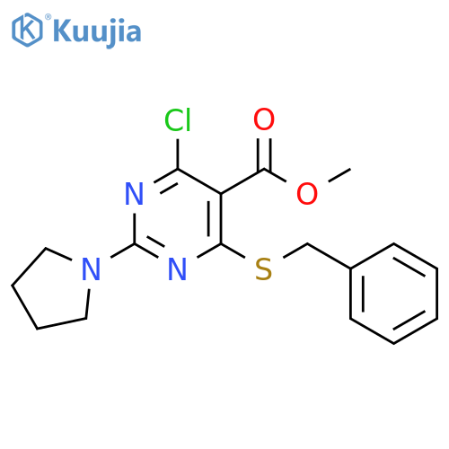 5-Pyrimidinecarboxylic acid,4-chloro-6-[(phenylmethyl)thio]-2-(1-pyrrolidinyl)-, methyl ester structure