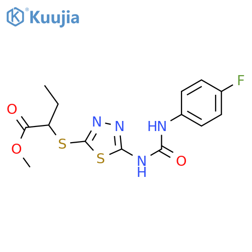 methyl 2-(5-{(4-fluorophenyl)carbamoylamino}-1,3,4-thiadiazol-2-yl)sulfanylbutanoate structure
