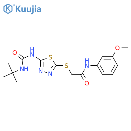 2-({5-(tert-butylcarbamoyl)amino-1,3,4-thiadiazol-2-yl}sulfanyl)-N-(3-methoxyphenyl)acetamide structure