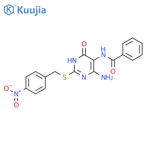 N-(4-amino-2-{(4-nitrophenyl)methylsulfanyl}-6-oxo-1,6-dihydropyrimidin-5-yl)benzamide structure