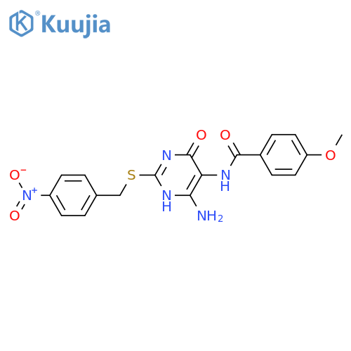 N-(4-amino-2-{(4-nitrophenyl)methylsulfanyl}-6-oxo-1,6-dihydropyrimidin-5-yl)-4-methoxybenzamide structure