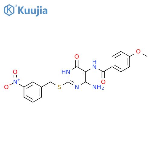 N-(4-amino-2-{(3-nitrophenyl)methylsulfanyl}-6-oxo-1,6-dihydropyrimidin-5-yl)-4-methoxybenzamide structure