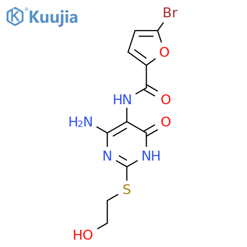 N-{4-amino-2-(2-hydroxyethyl)sulfanyl-6-oxo-1,6-dihydropyrimidin-5-yl}-5-bromofuran-2-carboxamide structure
