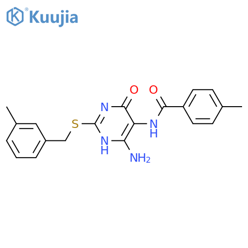 N-(4-amino-2-{(3-methylphenyl)methylsulfanyl}-6-oxo-1,6-dihydropyrimidin-5-yl)-4-methylbenzamide structure