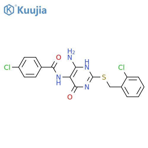 N-(4-amino-2-{(2-chlorophenyl)methylsulfanyl}-6-oxo-1,6-dihydropyrimidin-5-yl)-4-chlorobenzamide structure