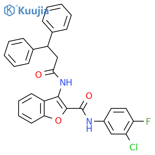N-(3-chloro-4-fluorophenyl)-3-(3,3-diphenylpropanamido)-1-benzofuran-2-carboxamide structure