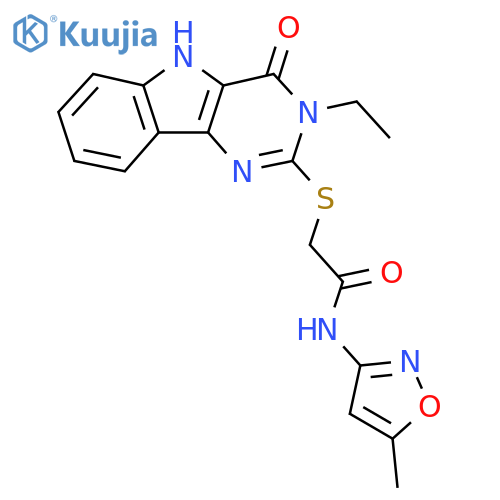 2-({3-ethyl-4-oxo-3H,4H,5H-pyrimido5,4-bindol-2-yl}sulfanyl)-N-(5-methyl-1,2-oxazol-3-yl)acetamide structure