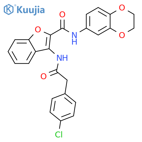 3-2-(4-chlorophenyl)acetamido-N-(2,3-dihydro-1,4-benzodioxin-6-yl)-1-benzofuran-2-carboxamide structure