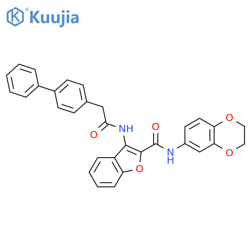 3-(2-{1,1'-biphenyl-4-yl}acetamido)-N-(2,3-dihydro-1,4-benzodioxin-6-yl)-1-benzofuran-2-carboxamide structure
