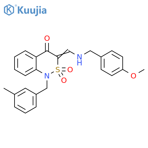 (3E)-3-({(4-methoxyphenyl)methylamino}methylidene)-1-(3-methylphenyl)methyl-3,4-dihydro-1H-2lambda6,1-benzothiazine-2,2,4-trione structure