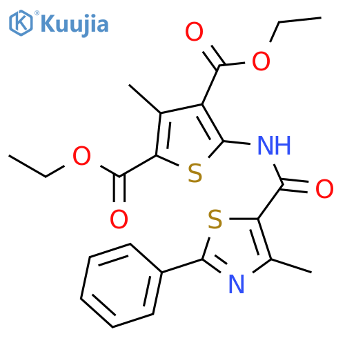 2,4-diethyl 3-methyl-5-(4-methyl-2-phenyl-1,3-thiazole-5-amido)thiophene-2,4-dicarboxylate structure