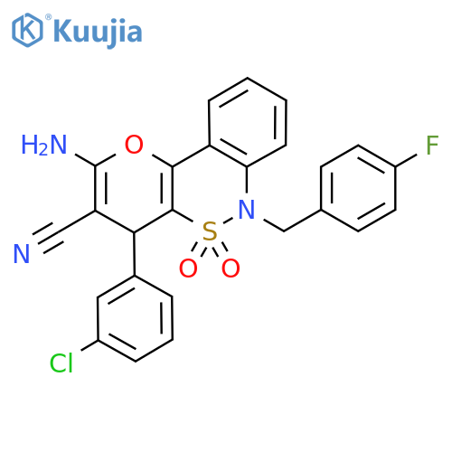 4-amino-6-(3-chlorophenyl)-9-(4-fluorophenyl)methyl-8,8-dioxo-3-oxa-8lambda6-thia-9-azatricyclo8.4.0.0^{2,7}tetradeca-1(14),2(7),4,10,12-pentaene-5-carbonitrile structure