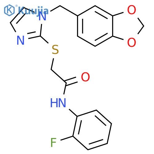 2-({1-(2H-1,3-benzodioxol-5-yl)methyl-1H-imidazol-2-yl}sulfanyl)-N-(2-fluorophenyl)acetamide structure