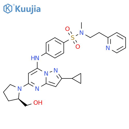 Benzenesulfonamide,4-[[2-cyclopropyl-5-[(2R)-2-(hydroxymethyl)-1-pyrrolidinyl]pyrazolo[1,5-a]pyrimidin-7-yl]amino]-N-methyl-N-[2-(2-pyridinyl)ethyl]- structure