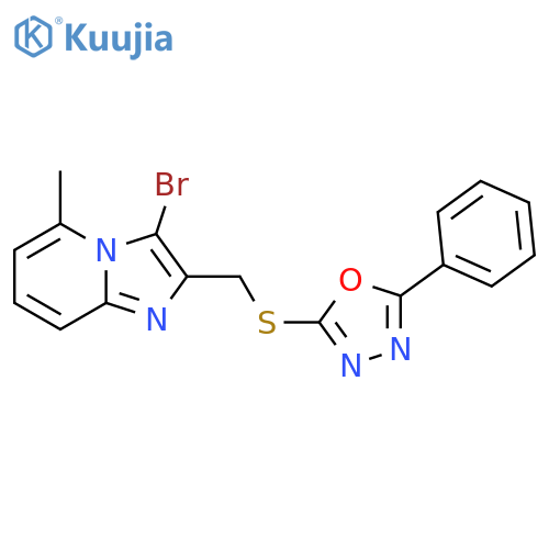 2-({3-bromo-5-methylimidazo1,2-apyridin-2-yl}methyl)sulfanyl-5-phenyl-1,3,4-oxadiazole structure