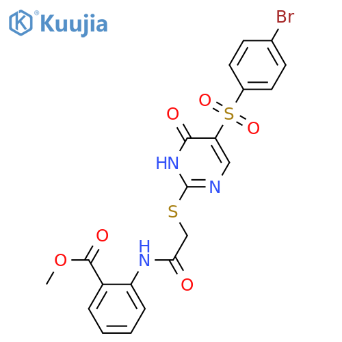 methyl 2-(2-{5-(4-bromobenzenesulfonyl)-6-oxo-1,6-dihydropyrimidin-2-ylsulfanyl}acetamido)benzoate structure