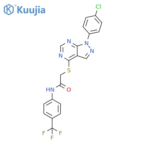 2-{1-(4-chlorophenyl)-1H-pyrazolo3,4-dpyrimidin-4-ylsulfanyl}-N-4-(trifluoromethyl)phenylacetamide structure