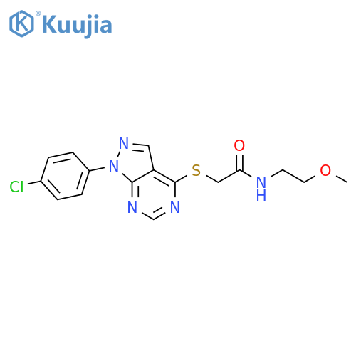 2-{1-(4-chlorophenyl)-1H-pyrazolo3,4-dpyrimidin-4-ylsulfanyl}-N-(2-methoxyethyl)acetamide structure