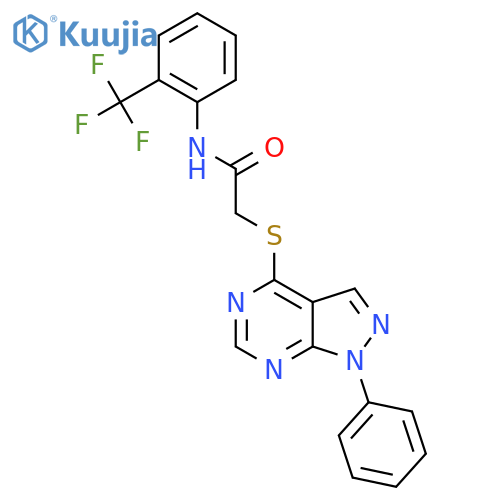 2-({1-phenyl-1H-pyrazolo3,4-dpyrimidin-4-yl}sulfanyl)-N-2-(trifluoromethyl)phenylacetamide structure