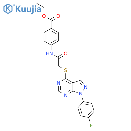 ethyl 4-(2-{1-(4-fluorophenyl)-1H-pyrazolo3,4-dpyrimidin-4-ylsulfanyl}acetamido)benzoate structure