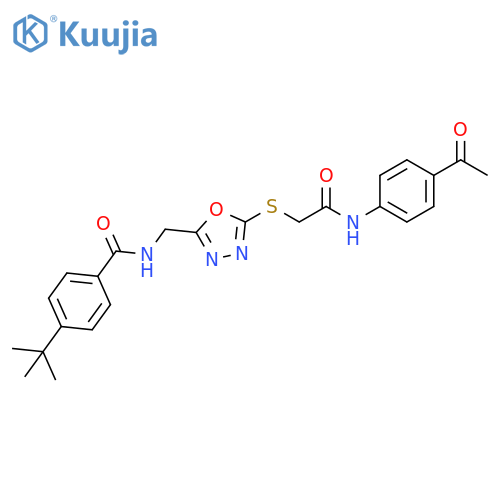 N-{5-({(4-acetylphenyl)carbamoylmethyl}sulfanyl)-1,3,4-oxadiazol-2-ylmethyl}-4-tert-butylbenzamide structure