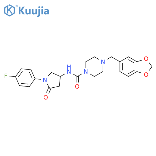 4-(2H-1,3-benzodioxol-5-yl)methyl-N-1-(4-fluorophenyl)-5-oxopyrrolidin-3-ylpiperazine-1-carboxamide structure