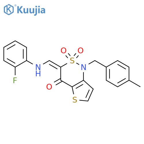 (3Z)-3-{(2-fluorophenyl)aminomethylidene}-1-(4-methylphenyl)methyl-1H,3H,4H-2lambda6-thieno3,2-c1,2thiazine-2,2,4-trione structure