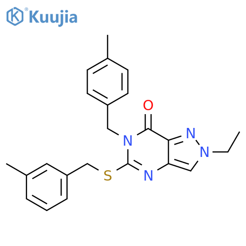 2-ethyl-6-(4-methylphenyl)methyl-5-{(3-methylphenyl)methylsulfanyl}-2H,6H,7H-pyrazolo4,3-dpyrimidin-7-one structure
