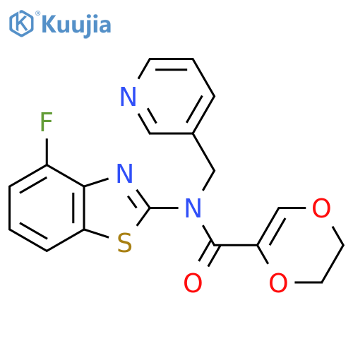 N-(4-fluoro-1,3-benzothiazol-2-yl)-N-(pyridin-3-yl)methyl-5,6-dihydro-1,4-dioxine-2-carboxamide structure