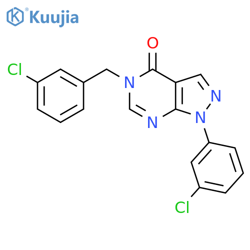 1-(3-chlorophenyl)-5-(3-chlorophenyl)methyl-1H,4H,5H-pyrazolo3,4-dpyrimidin-4-one structure