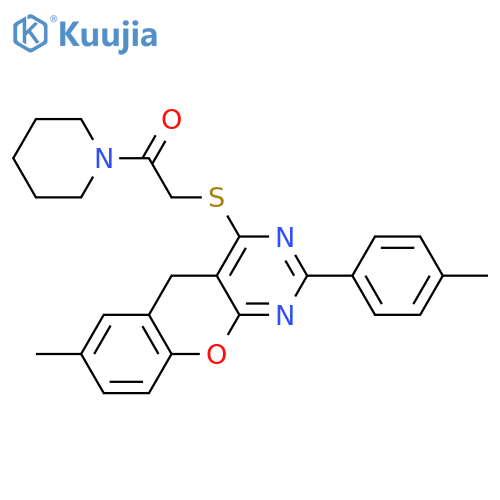 2-{7-methyl-2-(4-methylphenyl)-5H-chromeno2,3-dpyrimidin-4-ylsulfanyl}-1-(piperidin-1-yl)ethan-1-one structure