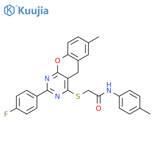 2-{2-(4-fluorophenyl)-7-methyl-5H-chromeno2,3-dpyrimidin-4-ylsulfanyl}-N-(4-methylphenyl)acetamide structure
