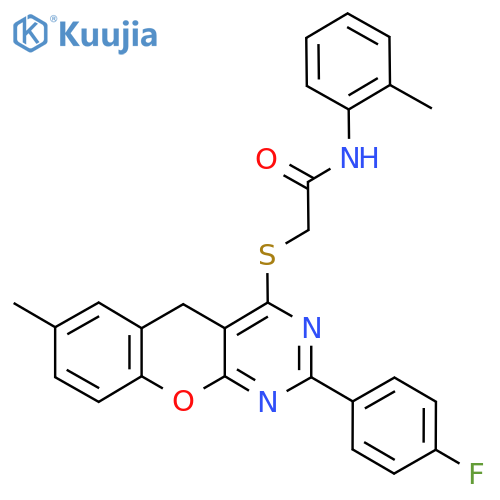 2-{2-(4-fluorophenyl)-7-methyl-5H-chromeno2,3-dpyrimidin-4-ylsulfanyl}-N-(2-methylphenyl)acetamide structure