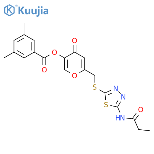 4-oxo-6-{(5-propanamido-1,3,4-thiadiazol-2-yl)sulfanylmethyl}-4H-pyran-3-yl 3,5-dimethylbenzoate structure