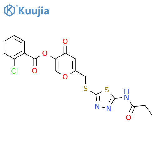 4-oxo-6-{(5-propanamido-1,3,4-thiadiazol-2-yl)sulfanylmethyl}-4H-pyran-3-yl 2-chlorobenzoate structure