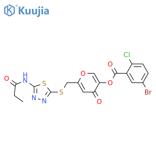 4-oxo-6-{(5-propanamido-1,3,4-thiadiazol-2-yl)sulfanylmethyl}-4H-pyran-3-yl 5-bromo-2-chlorobenzoate structure