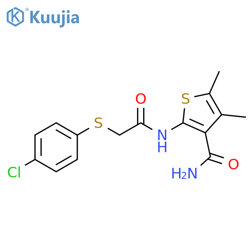 2-{2-(4-chlorophenyl)sulfanylacetamido}-4,5-dimethylthiophene-3-carboxamide structure