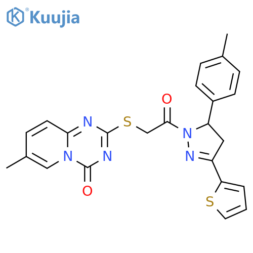 7-methyl-2-({2-5-(4-methylphenyl)-3-(thiophen-2-yl)-4,5-dihydro-1H-pyrazol-1-yl-2-oxoethyl}sulfanyl)-4H-pyrido1,2-a1,3,5triazin-4-one structure