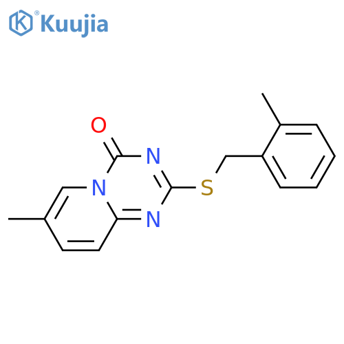 7-methyl-2-{(2-methylphenyl)methylsulfanyl}-4H-pyrido1,2-a1,3,5triazin-4-one structure