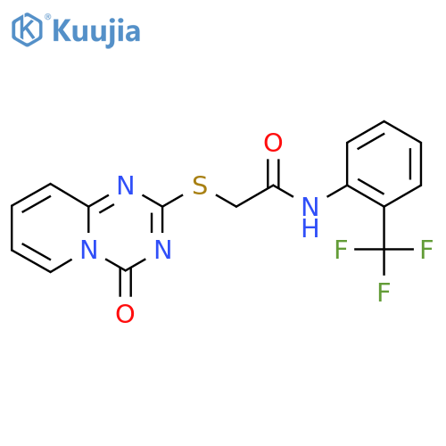 2-({4-oxo-4H-pyrido1,2-a1,3,5triazin-2-yl}sulfanyl)-N-2-(trifluoromethyl)phenylacetamide structure
