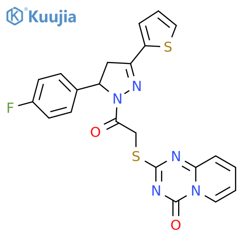 2-({2-5-(4-fluorophenyl)-3-(thiophen-2-yl)-4,5-dihydro-1H-pyrazol-1-yl-2-oxoethyl}sulfanyl)-4H-pyrido1,2-a1,3,5triazin-4-one structure